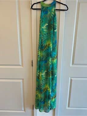 Lulu's Teal and Green Palm-Print Maxi Dress